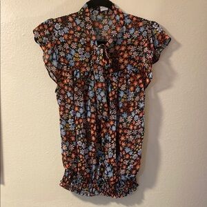 Orange and Blue Flutter Sleeve Blouse with Tie Front
